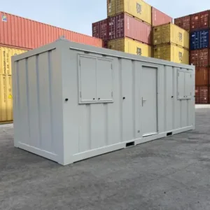 Gray office container showing side windows and entry door