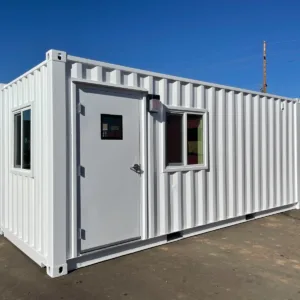finished portable office container interior with windows and flooring