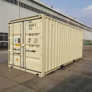 Cream 20ft one-trip shipping container front and side view