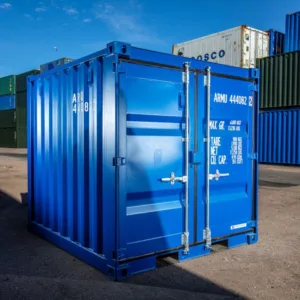 Blue 8ft one-trip shipping container rear corner view