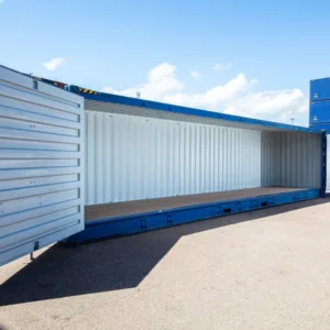 Blue 40ft high cube side opening container with doors open