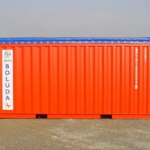 Red 20ft one-trip open top shipping container side view