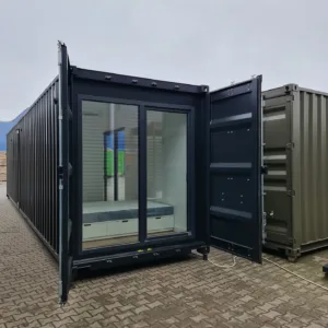 Converted 40ft shipping container with original cargo doors open