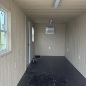 Interior of 20ft office container with windows, outlets, lighting and air conditioning